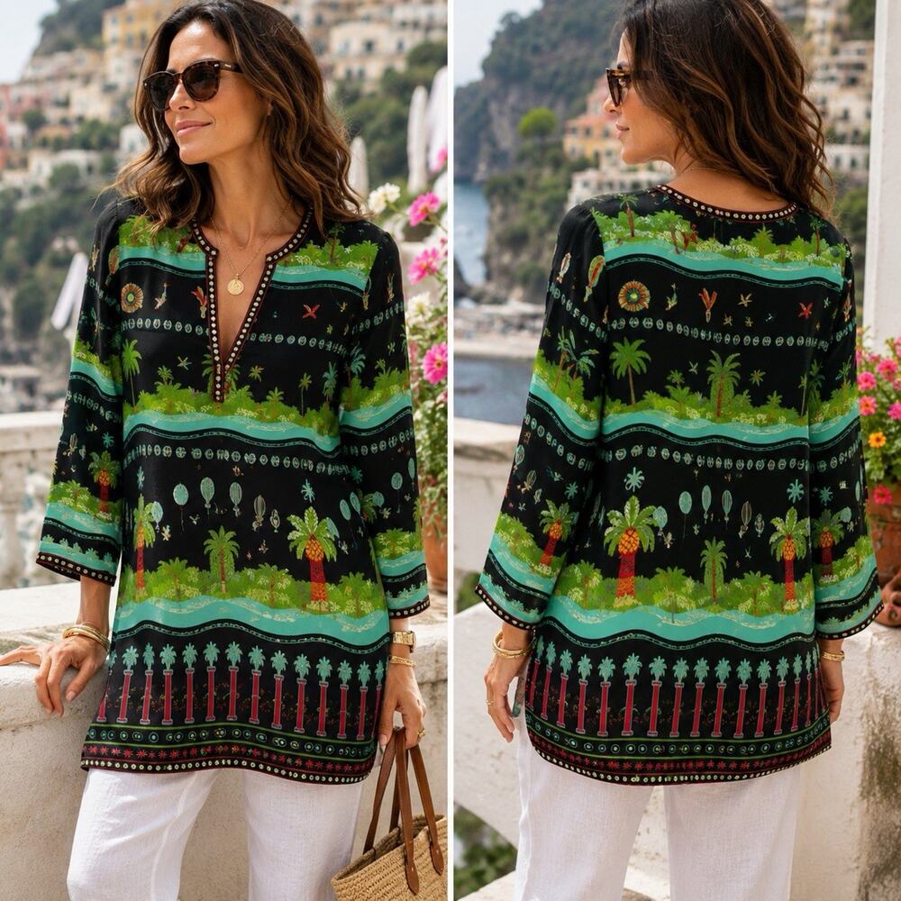 Le Sirenuse Positano 100% Silk Tunic Top IT 42 Black Tropical Palm Print Italy